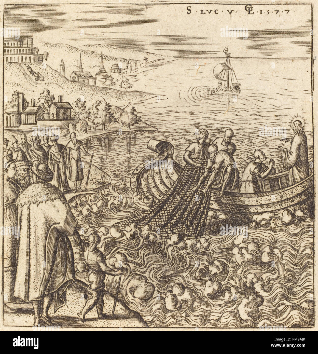 The Miraculous Draught of Fishes. Dated: 1577. Medium: engraving. Museum: National Gallery of Art, Washington DC. Author: Léonard Gaultier. Stock Photo