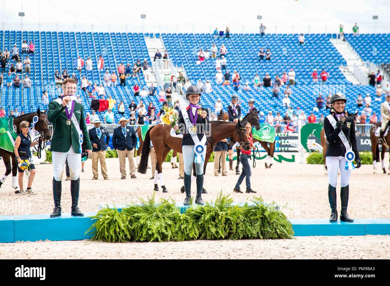 Tryon, USA. 17th September 2018. Medal Winners, Gold Medal Winner.Individual Championship. Rosalind Canter.  Padraig McCarthy. Silver MedalIRL. . Ingrid Klimke. Bronze. GER.  Eventing Show Jumping Day 6. World Equestrian Games. WEG 2018 Tryon. North Carolina. USA. 17/09/2018. Credit: Sport In Pictures/Alamy Live News Stock Photo