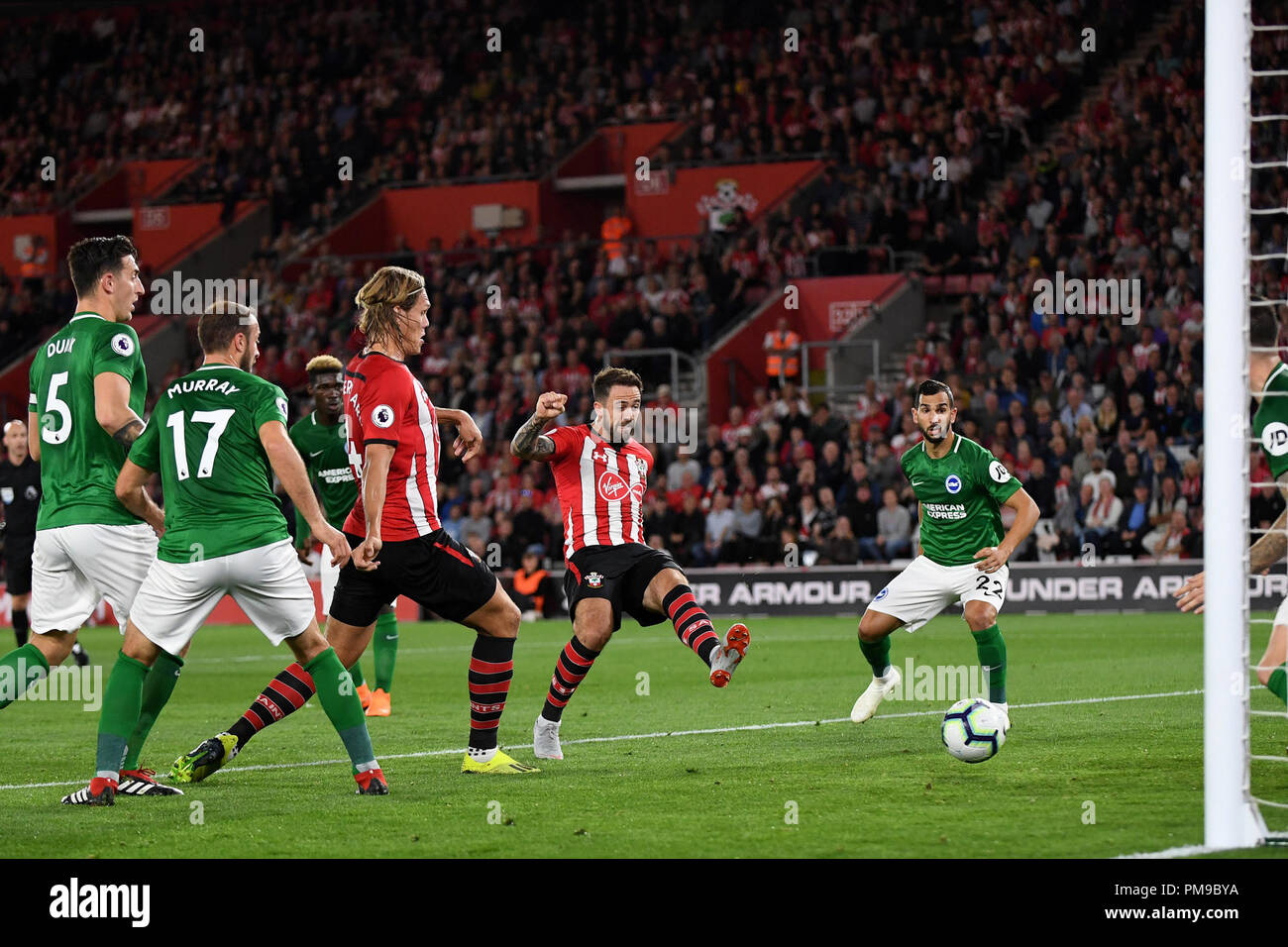 Southampton, UK. 17th September 2018. Danny Ings of Southampton shoots at goal but his shot is blocked on the line - Southampton v Brighton & Hove Albion, Premier League, St Mary's Stadium, Southampton - 17th September 2018   Credit: Richard Calver/Alamy Live News Credit: Richard Calver/Alamy Live News Stock Photo
