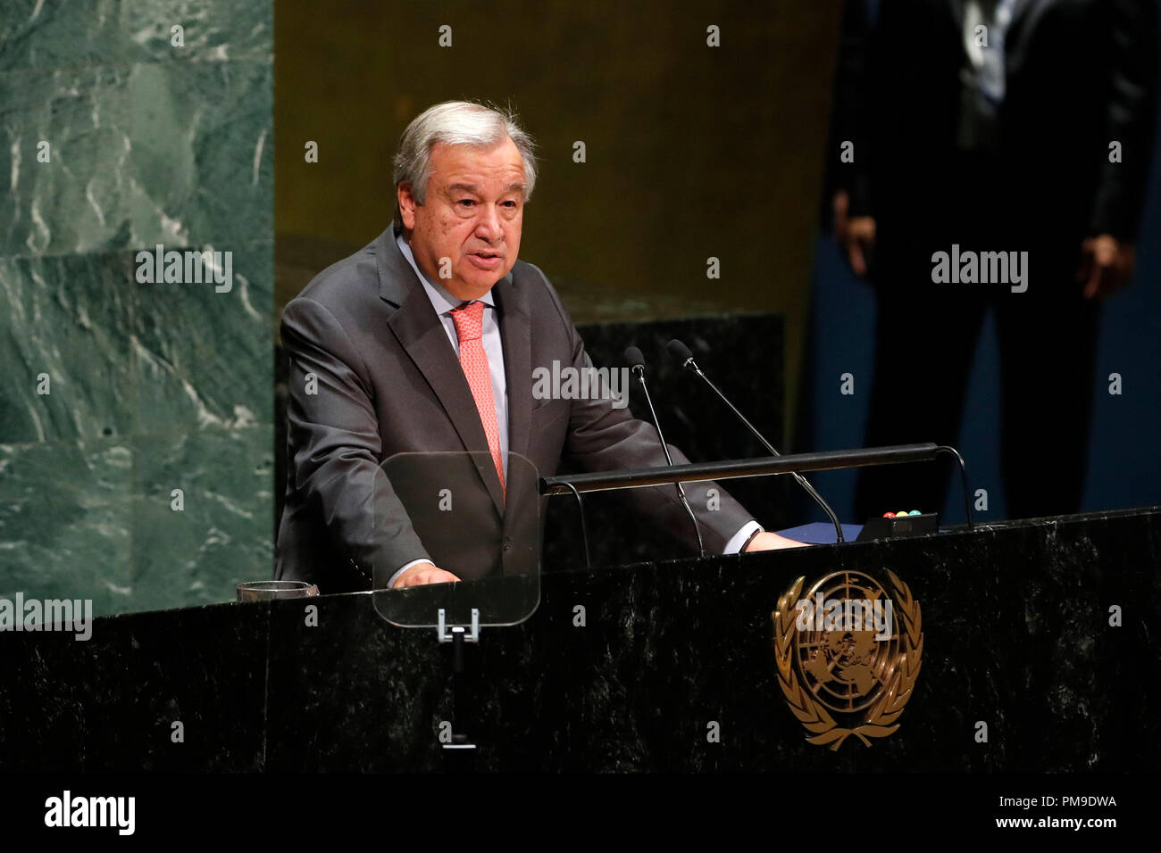 United Nations, UN headquarters in New York. 17th Sep, 2018. United Nations Secretary-General Antonio Guterres addresses the last meeting of the 72nd session of the United Nations General Assembly, at the UN headquarters in New York, Sept. 17, 2018. Outgoing UN General Assembly President Miroslav Lajcak on Monday outlined six major trends he identified during his one-year tenure on his last day in office, highlighting sustaining peace, combat against climate change and UN reform, among other things. Credit: Li Muzi/Xinhua/Alamy Live News Stock Photo