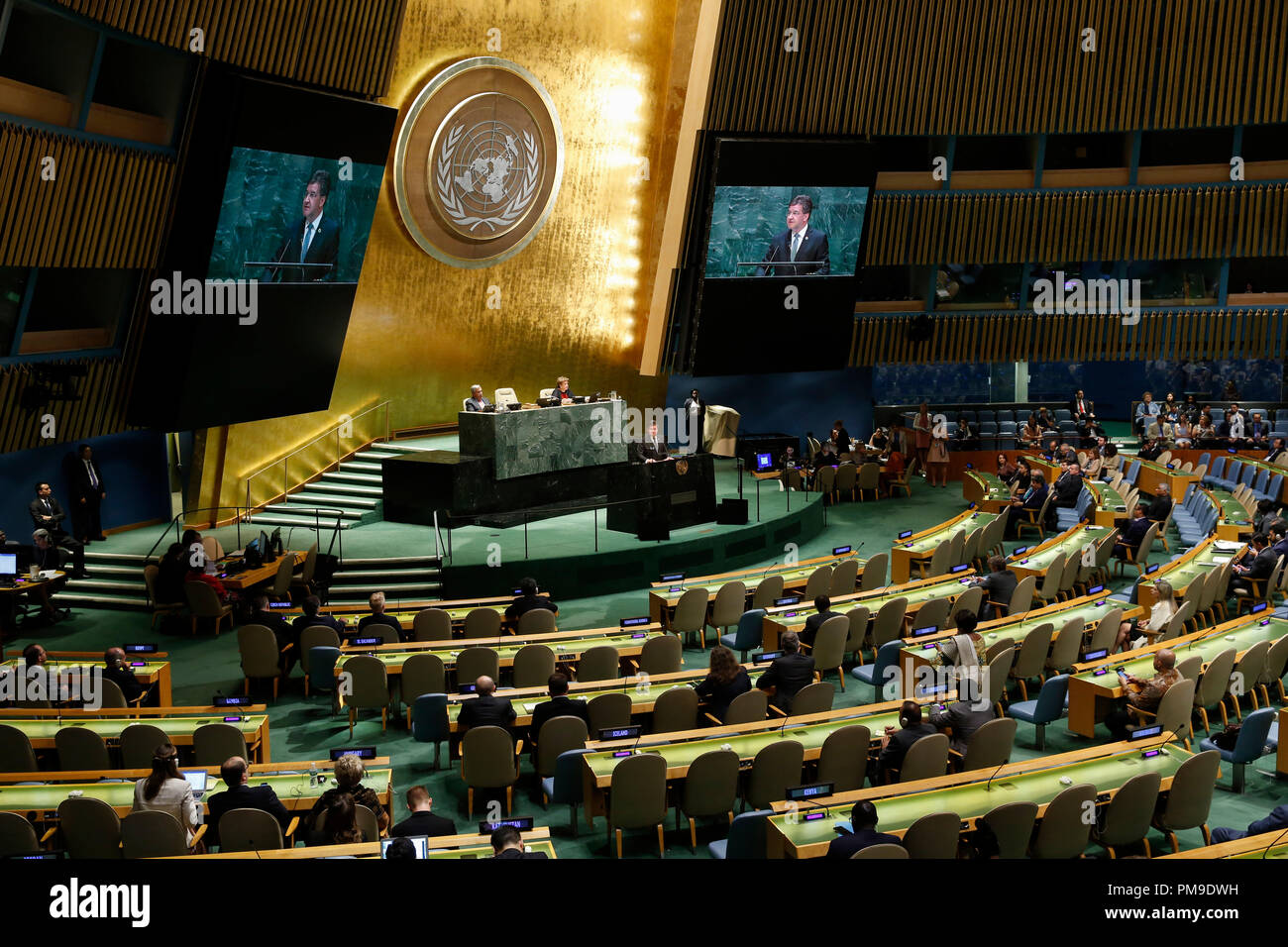 United Nations. 17th Sep, 2018. Photo taken on Sept. 17, 2018 shows the last meeting of the 72nd session of the United Nations General Assembly, at the UN headquarters in New York. Outgoing UN General Assembly President Miroslav Lajcak on Monday outlined six major trends he identified during his one-year tenure on his last day in office, highlighting sustaining peace, combat against climate change and UN reform, among other things. Credit: Li Muzi/Xinhua/Alamy Live News Stock Photo