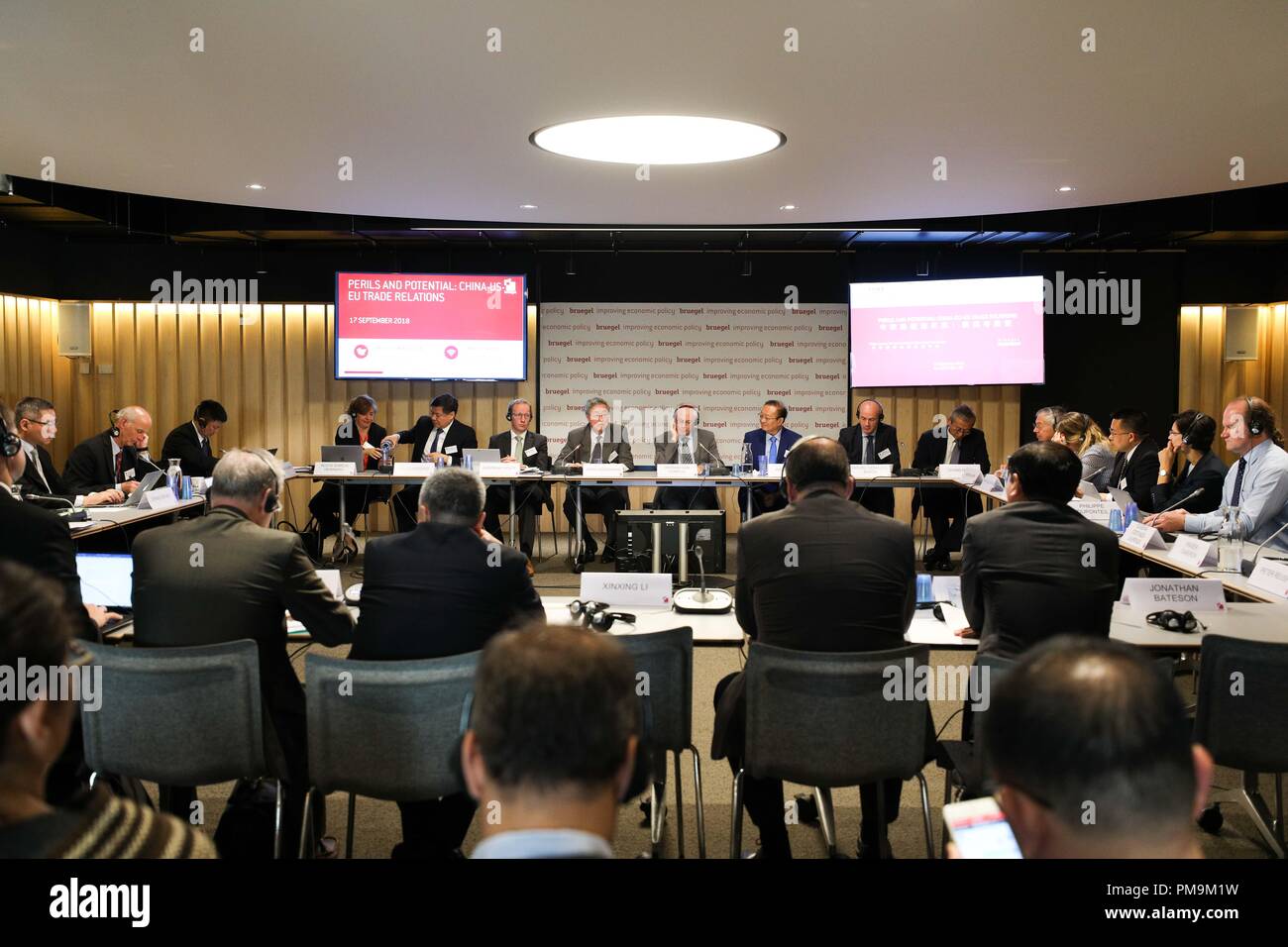 Brussels. 17th Sep, 2018. Photo taken on Sept. 17, 2018 shows a scene of the seminar 'Perils and potential: China-US-EU trade relations' held in Brussels, Belgium. Amid increasing tensions of trade wars worldwide, around 100 leading scholars from China and Europe gathered here in the headquarters of Belgian think tank Bruegel Monday, calling on China and Europe to reduce misunderstanding via open and fair discussions on all levels. Credit: Zheng Huansong/Xinhua/Alamy Live News Stock Photo