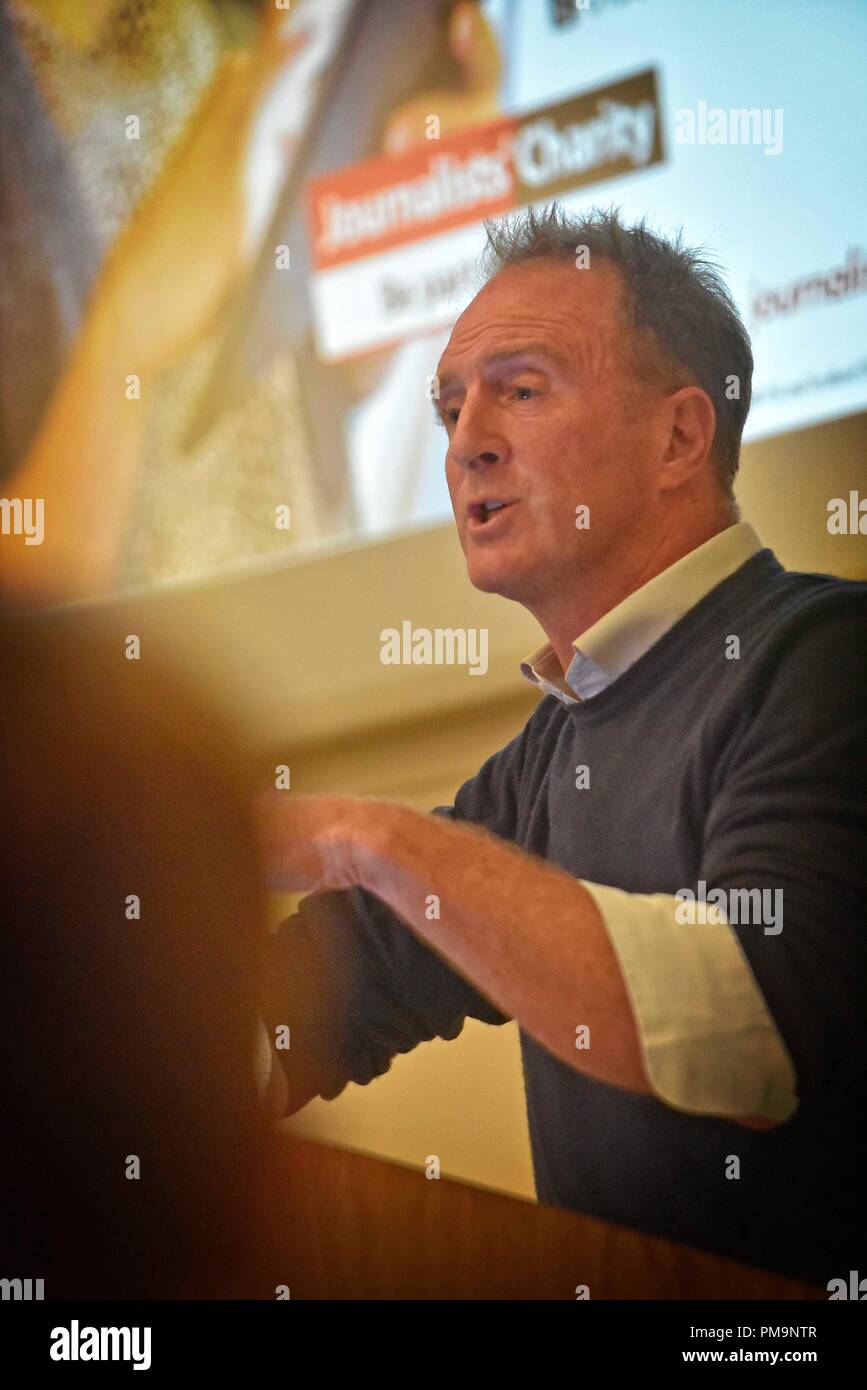 London, UK. 17th Sep 2018. JAMES HARDING delivers inaugural Journalists' Charity lecture.James Harding, one of the most dynamic and influential figures in modern journalism, gave the Inaugural Journalists' Charity Lecture at the Geological Society in London. He was Editor of The Times for five years until 2012, Director of BBC News for four-and-a-half years until December 2017, and now he is preparing to launch Tortoise Media, which he described as a "Slow news" resource. Credit: Glyn Genin/Alamy Live News Stock Photo