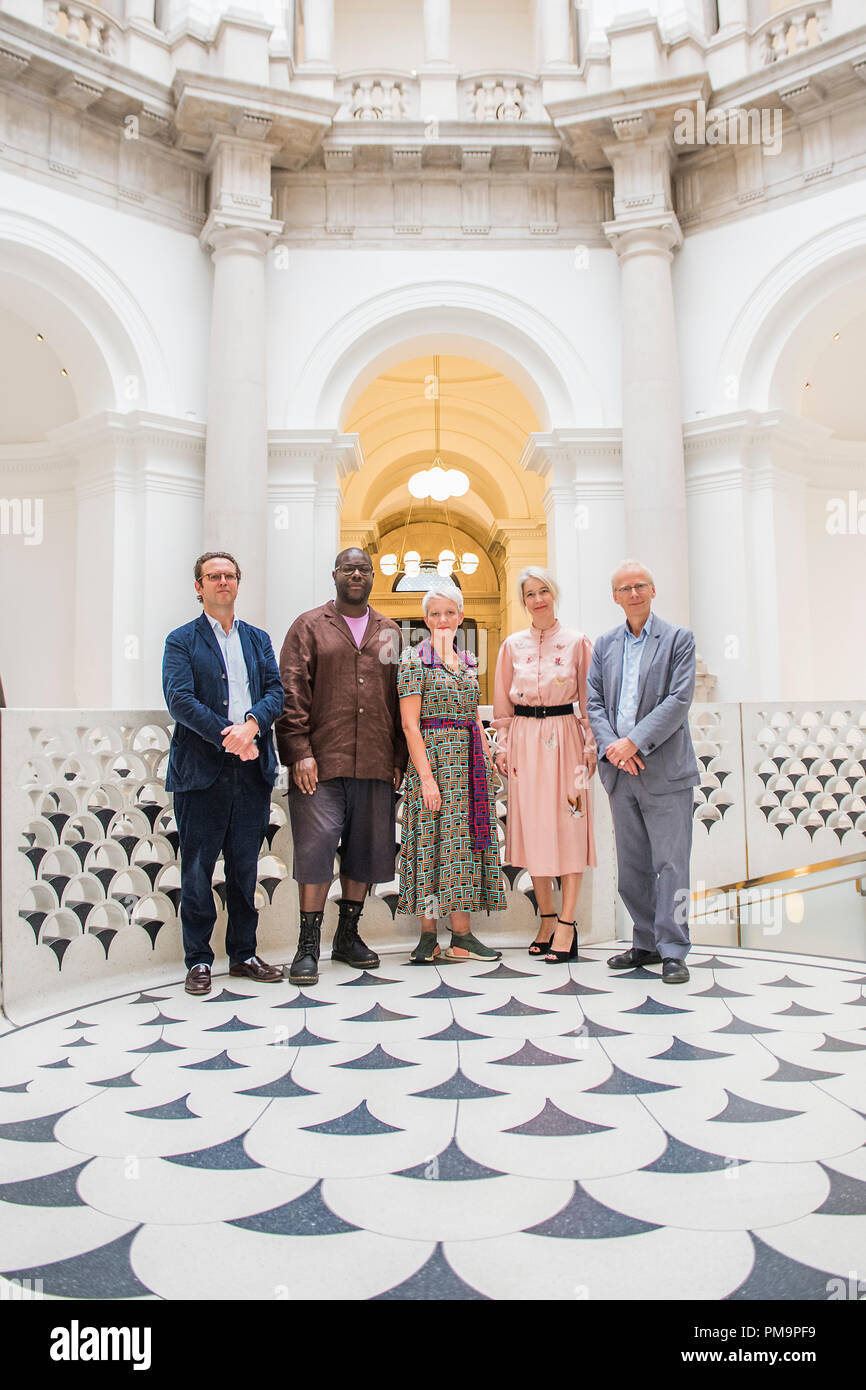 London, UK. 18th Sep 2018. Steve McQueen (pictured), with .Alex Farquarson, Director of Tate Britain, Maria Balshaw, Director of Tate, Justine Simons, Deputy Mayor for Culture and the Creative Industries and James Lingwood, Co-Director of Artangel, announces a new project which will create a portrait of London's Year 3 pupils from every primary school in the capital. Credit: Guy Bell/Alamy Live News Stock Photo