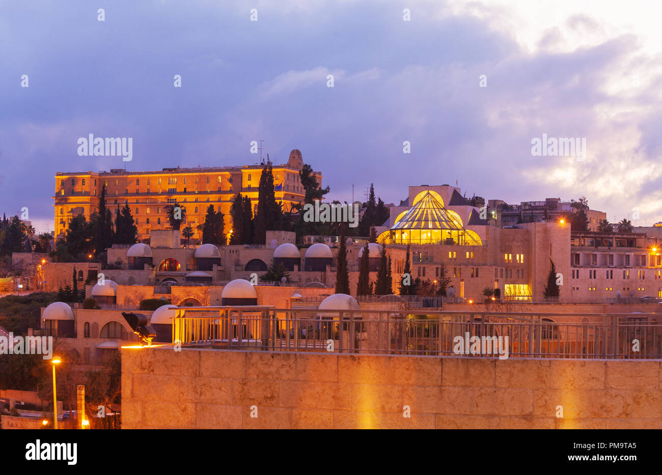 Night View of Jerusalem Streets with King David Hotel Building Stock Photo