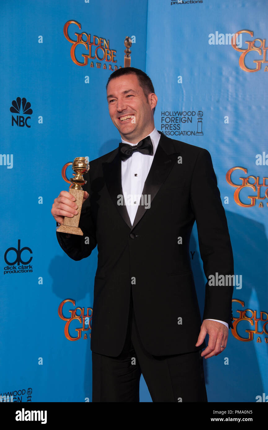 For BEST ANIMATED FEATURE FILM, the Golden Globe is awarded to “BRAVE”, produced by Walt Disney Pictures, Pixar Animation Studios; Walt Disney Pictures. Director Mark Andrews poses with the award backstage in the press room at the 70th Annual Golden Globe Awards at the Beverly Hilton in Beverly Hills, CA on Sunday, January 13, 2013. Stock Photo