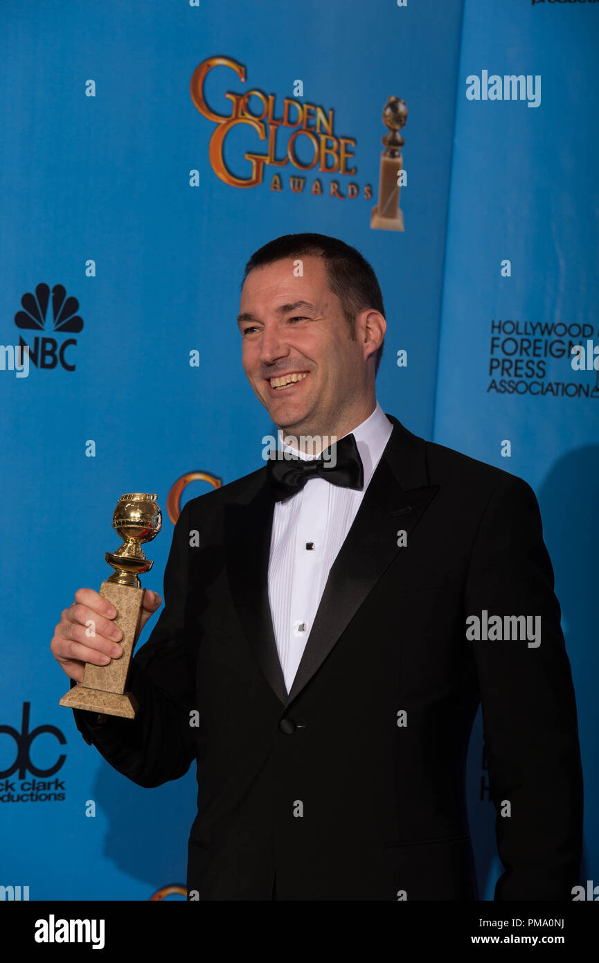 For BEST ANIMATED FEATURE FILM, the Golden Globe is awarded to “BRAVE”, produced by Walt Disney Pictures, Pixar Animation Studios; Walt Disney Pictures. Mark Andrews poses with the award backstage in the press room at the 70th Annual Golden Globe Awards at the Beverly Hilton in Beverly Hills, CA on Sunday, January 13, 2013. Stock Photo