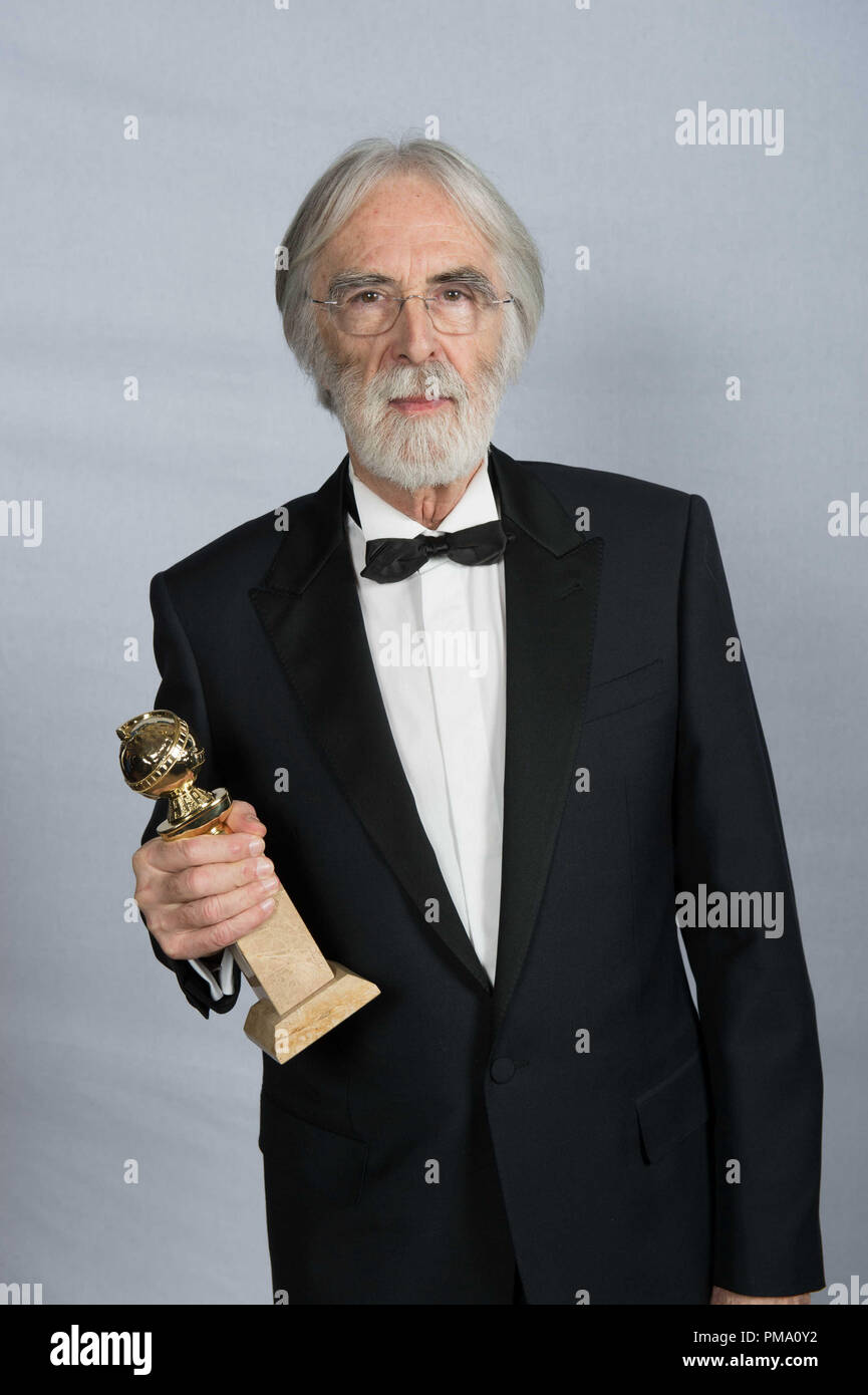 For BEST FOREIGN LANGUAGE FILM, the Golden Globe is awarded to “AMOUR” (AUSTRIA), produced by Les Films Du Losange, X Filme Creative Pool, Wega Film; Sony Pictures Classics. Michael Haneke poses with the award backstage in the press room at the 70th Annual Golden Globe Awards at the Beverly Hilton in Beverly Hills, CA on Sunday, January 13, 2013. Stock Photo