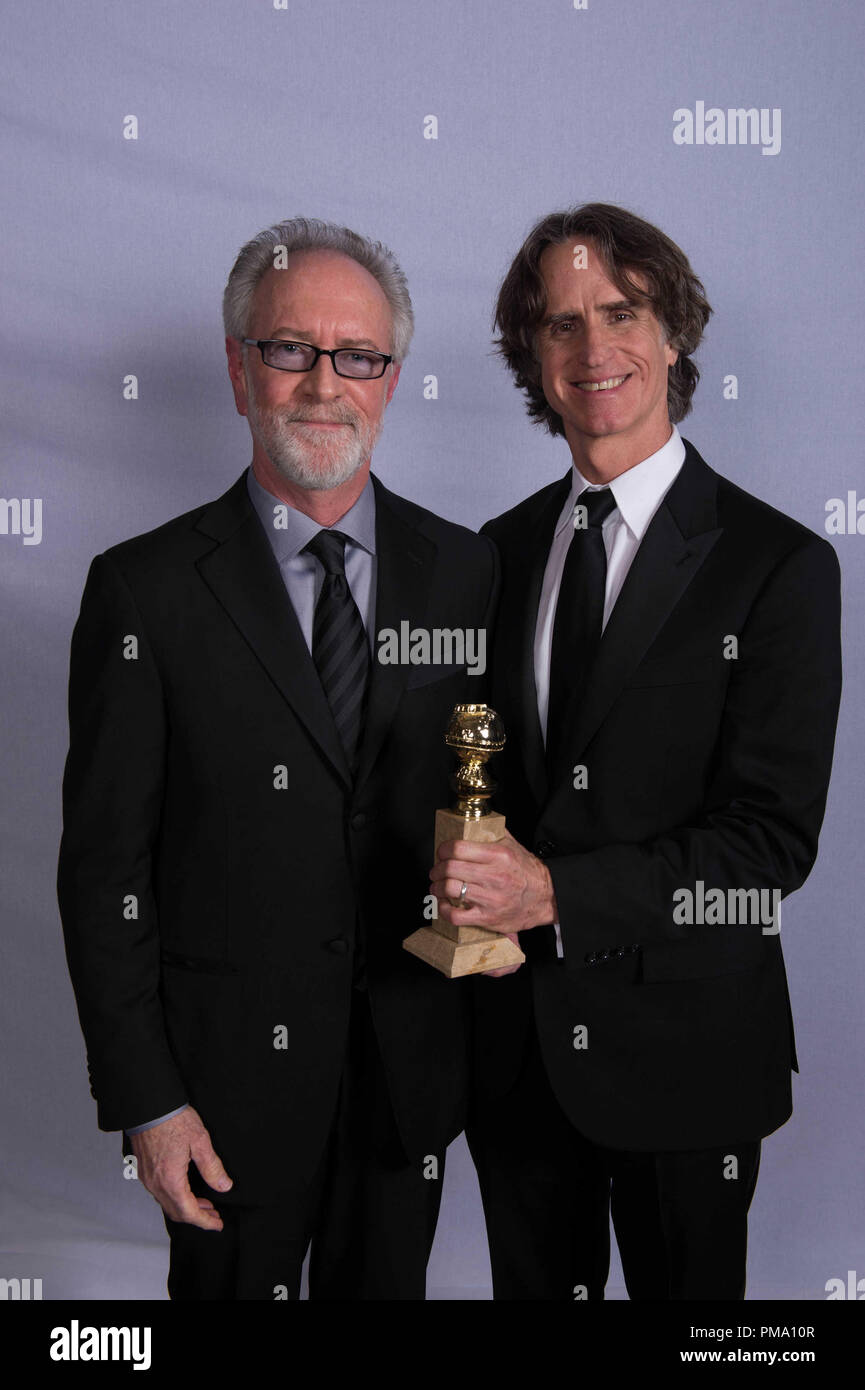 For BEST MINI-SERIES OR MOTION PICTURE MADE FOR TELEVISION, the Golden Globe is awarded to “GAME CHANGE” (HBO), produced by Playtone and Everyman Pictures in association with HBO Films. Producer Gary Goetzman and director Jay Roach pose with the award backstage in the press room at the 70th Annual Golden Globe Awards at the Beverly Hilton in Beverly Hills, CA on Sunday, January 13, 2013. Stock Photo