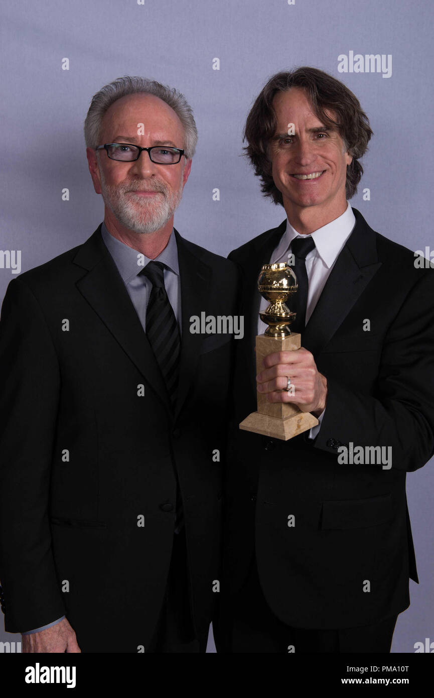 For BEST MINI-SERIES OR MOTION PICTURE MADE FOR TELEVISION, the Golden Globe is awarded to “GAME CHANGE” (HBO), produced by Playtone and Everyman Pictures in association with HBO Films. Producer Gary Goetzman and director Jay Roach pose with the award backstage in the press room at the 70th Annual Golden Globe Awards at the Beverly Hilton in Beverly Hills, CA on Sunday, January 13, 2013. Stock Photo