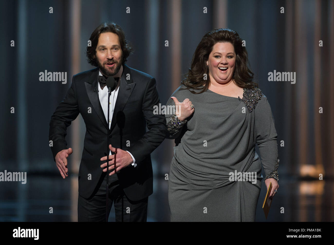 Melissa McCarthy and Paul Rudd present during the live ABC Telecast of The Oscars® from the Dolby® Theatre in Hollywood, CA, Sunday, February 24, 2013. Stock Photo