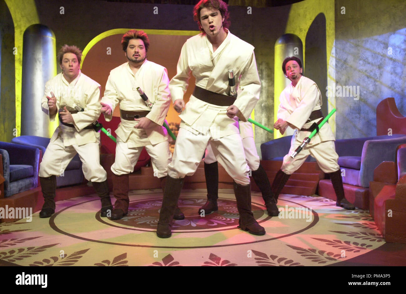 Saturday Night Live (SNL)  Host: Josh Harnett -- Pictured:  (l - r) SNL cast imagines the forthcoming Star Wars sequel...given the rumors that boy band NSYNC (played by Jeff Richards, Horatio Sanz, Josh Hartnett and Chris Kattan) are going to appear in it.  circa 2002 Stock Photo