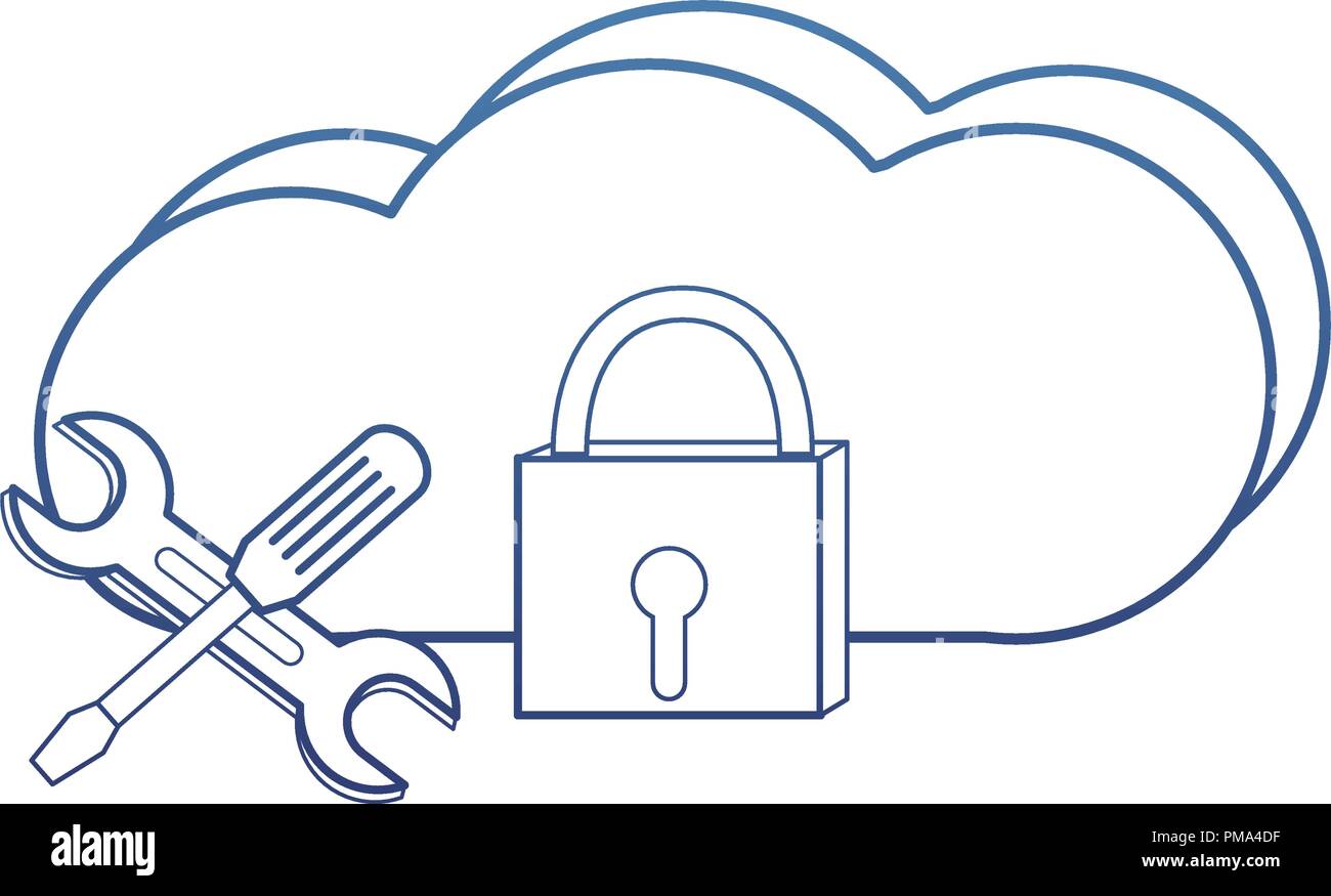 degraded outline cloud data network and padlock equipment Stock Vector