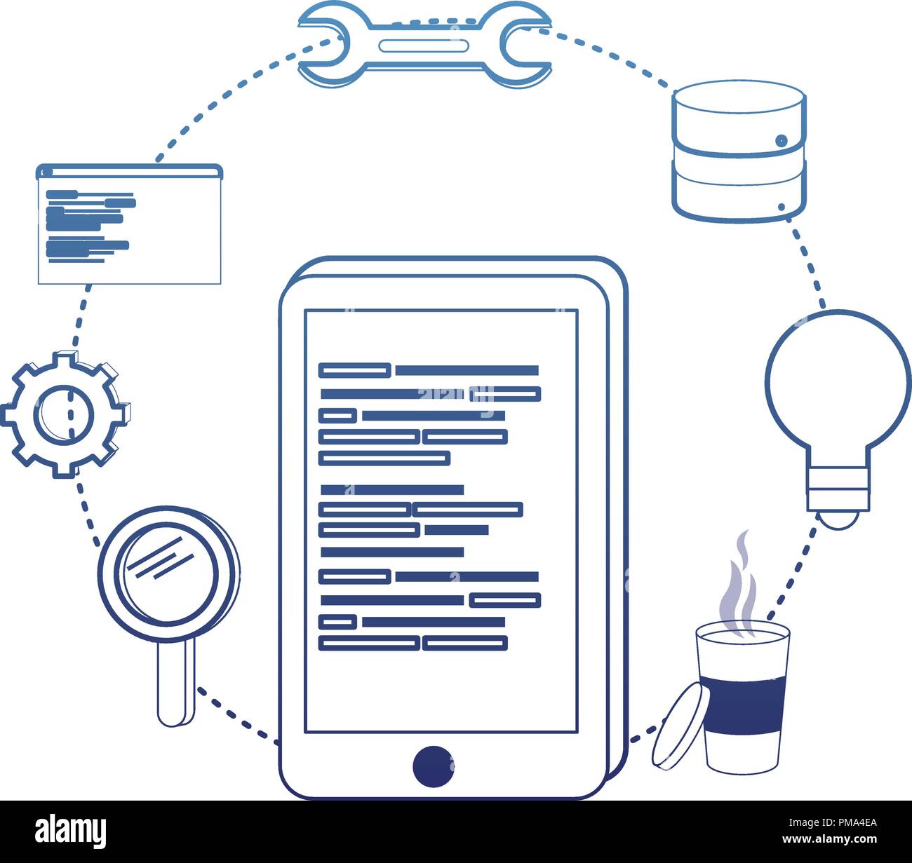 degraded outline smartphone programming code and industry equipments ...