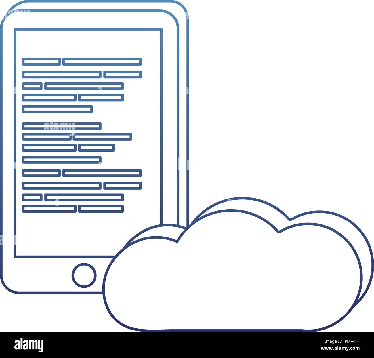 degraded outline smartphone and cloud data with programming code Stock Vector