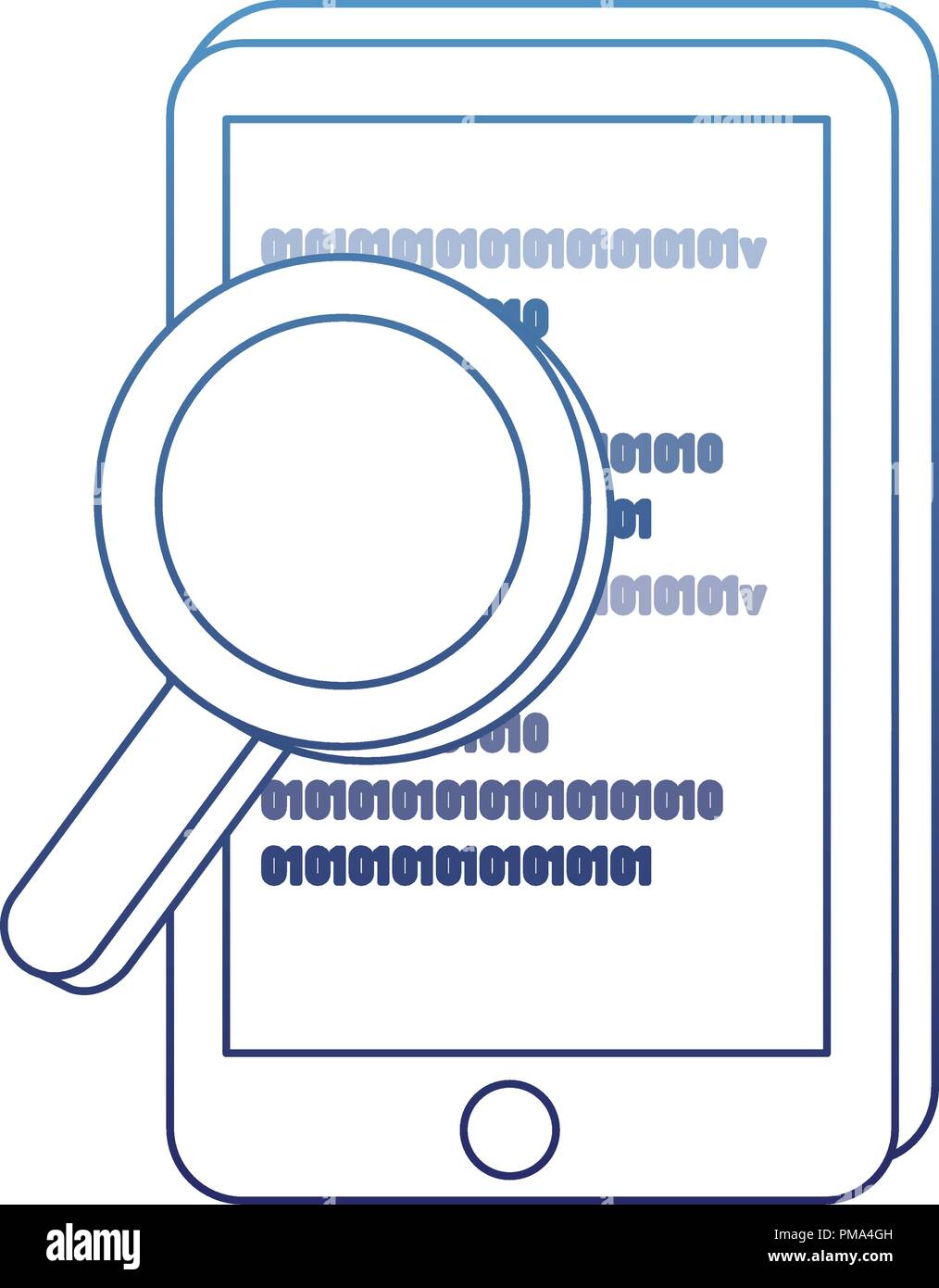 degraded outline smartphone and magnifying glass with code program Stock Vector