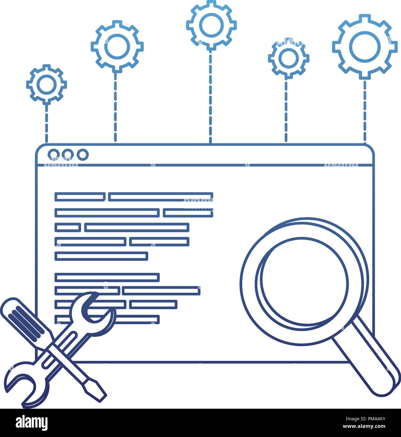 degraded outline website code program and magnifying glass with equipments Stock Vector