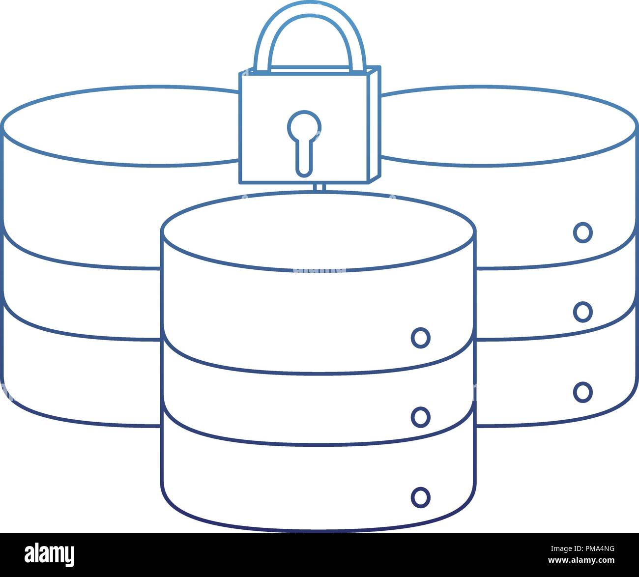 degraded outline data network server and closed padlock Stock Vector