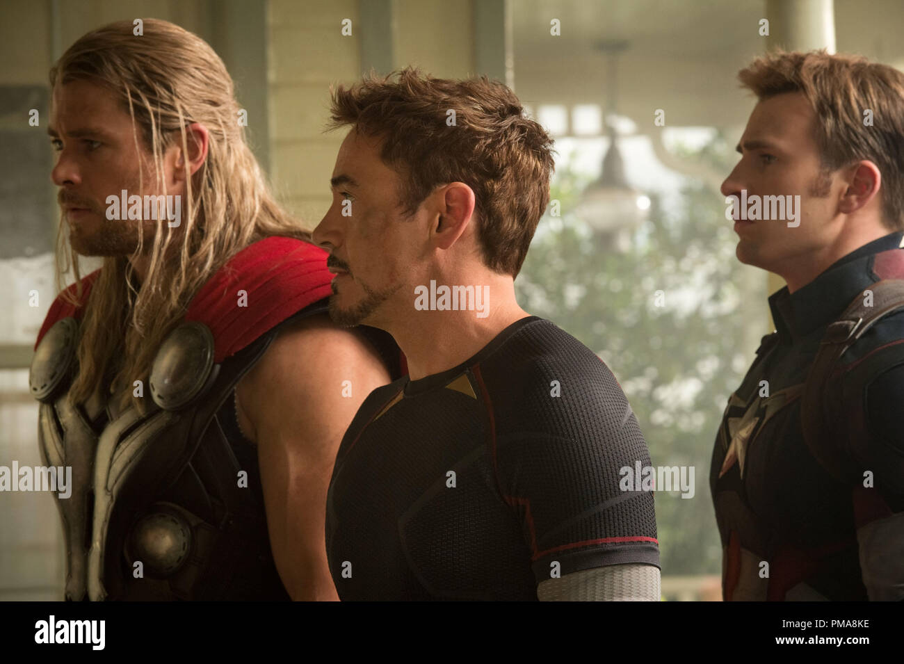 Marvel's Avengers: Age Of Ultron..L to R: Thor (Chris Hemsworth), Iron Man/Tony Stark (Robert Downey Jr.) and Captain America/Steve Rogers (Chris Evans), Marvel 2015 Stock Photo