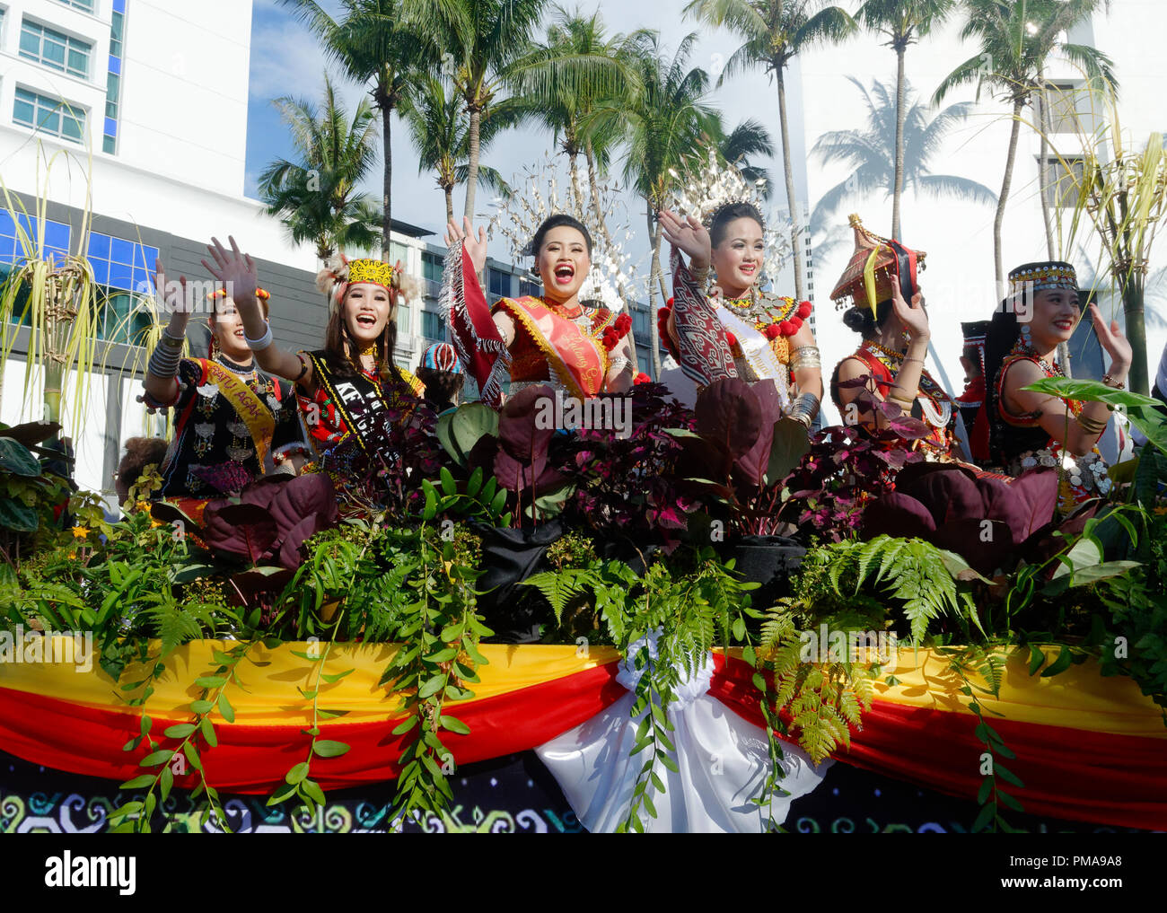 Native beauty queens at the Gawai parade in Kuching, Sarawak, Malaysia, Borneo Stock Photo