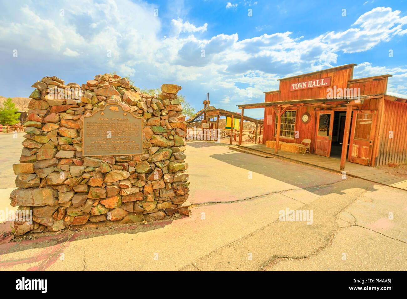 Calico, California, United States - August 15, 2018: Calico is an abandoned mining town now historic heritage park in southern California and Mojave desert. Wooden Town Hall building. Stock Photo