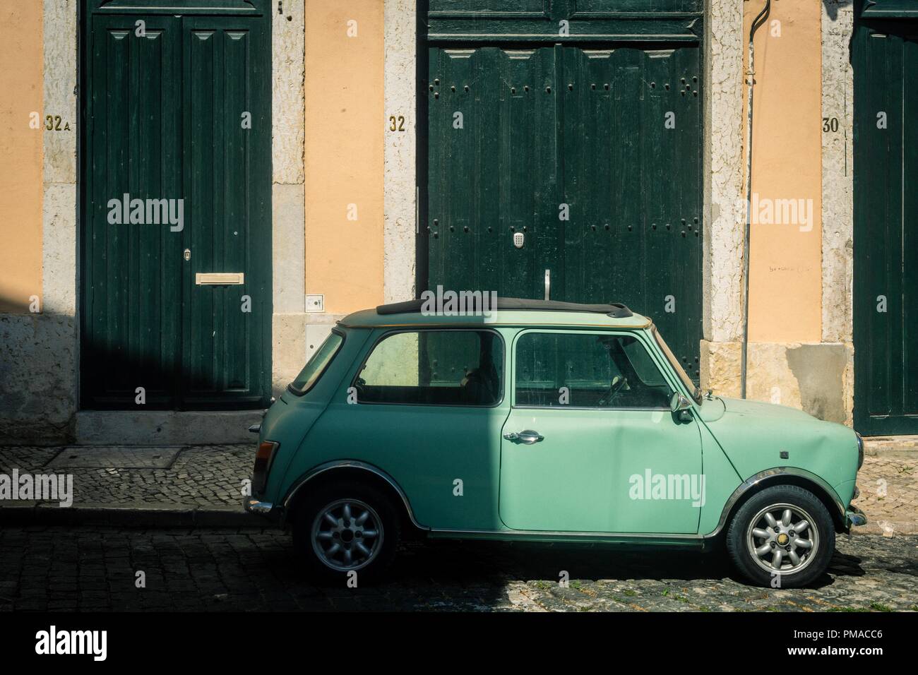 A classic mini on the streets of Lisbon. Stock Photo