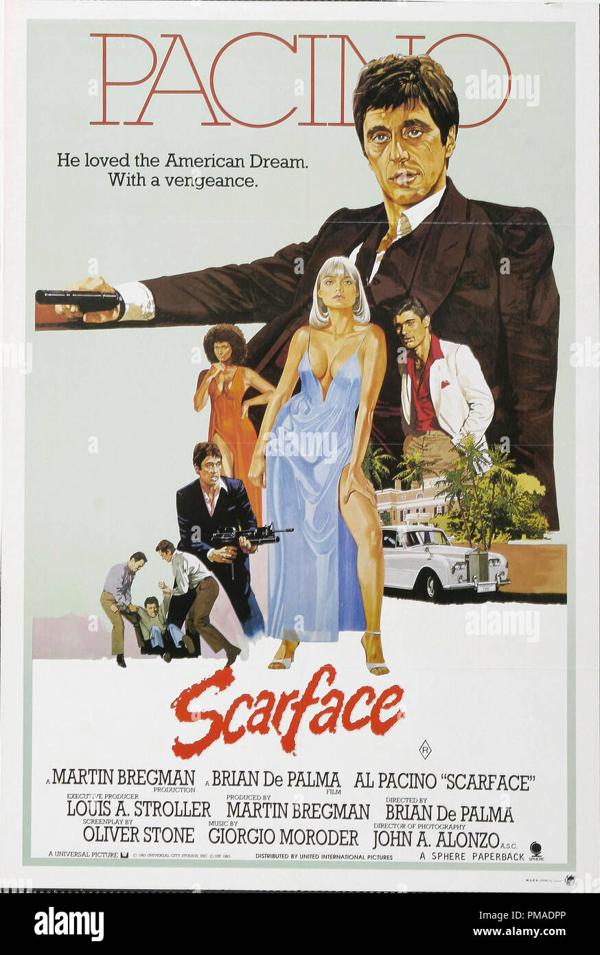 'Scarface' - US Poster 1983 Universal Pictures  Al Pacino, Michelle Pfeiffer, Steven Bauer, Mary Elizabeth Mastrantonio  File Reference # 32509 323THA Stock Photo