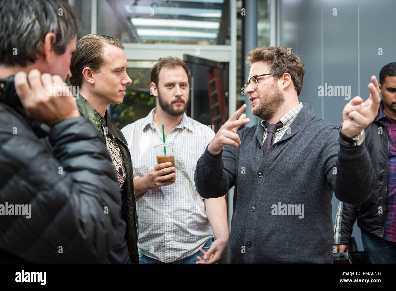 1st AD Jonathan Watson; DP Brandon Trost; Evan Goldberg, Seth Rogen on the set of Columbia Picutres' THE INTERVIEW. Stock Photo