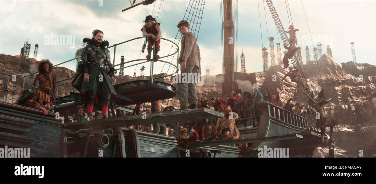(Front L-r) HUGH JACKMAN as Blackbeard, BRONSON WEBB as Steps and LEVI MILLER as Peter in Warner Bros. Pictures' and RatPac-Dune Entertainment's action adventure 'PAN,' a Warner Bros. Pictures release. Stock Photo