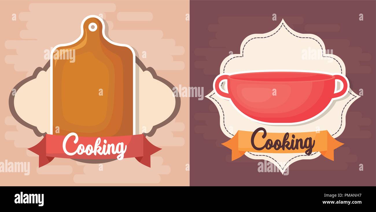 icon set of cooking utensils over decorative frames and colorful