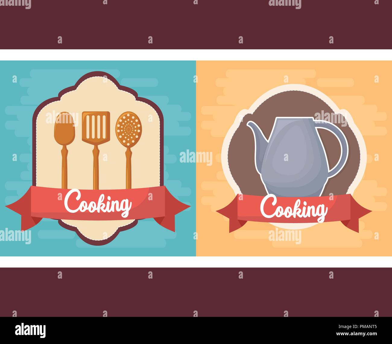 icon set of cooking utensils over decorative frames and colorful