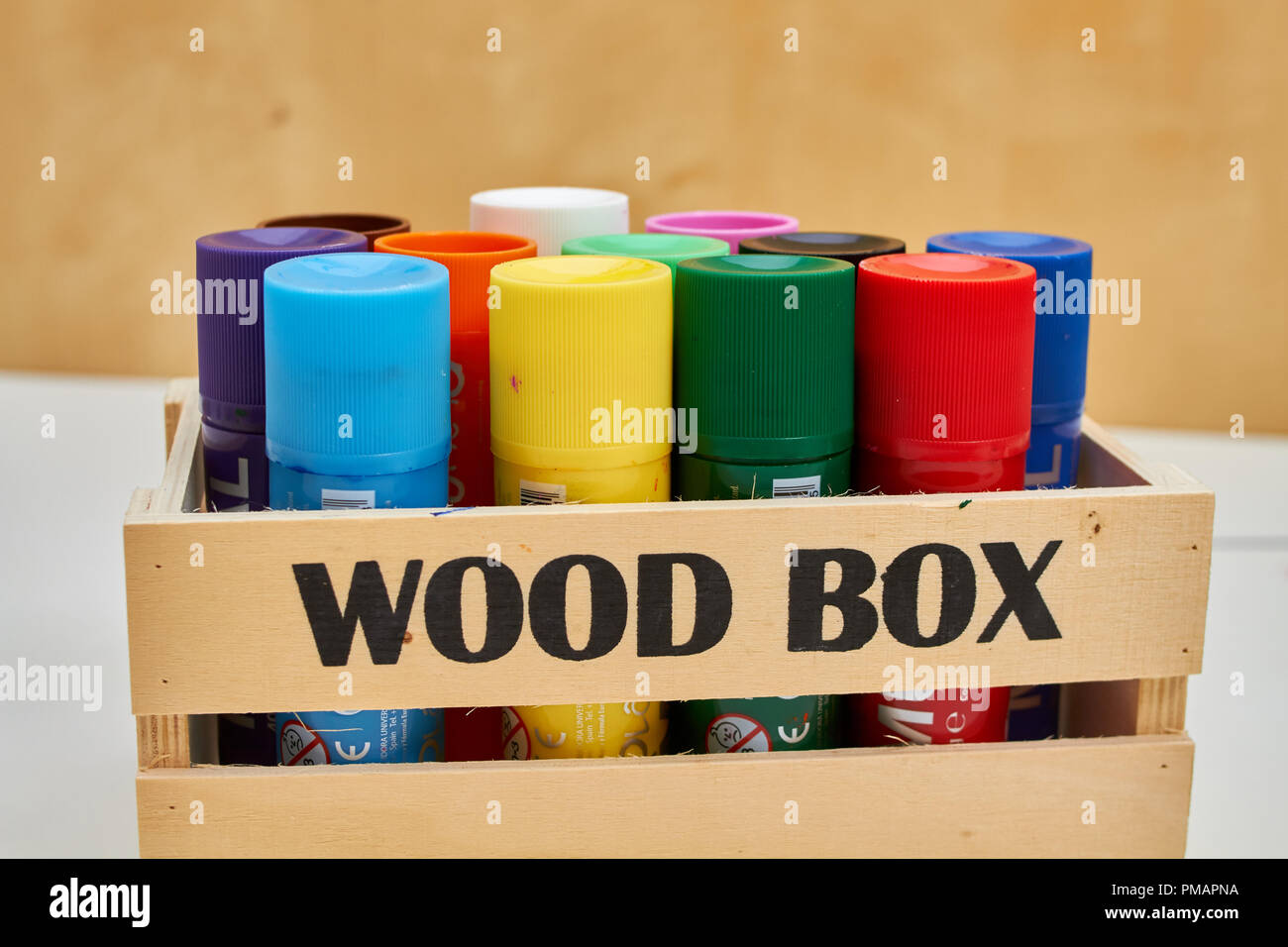 wood box full of big crayons Stock Photo Alamy