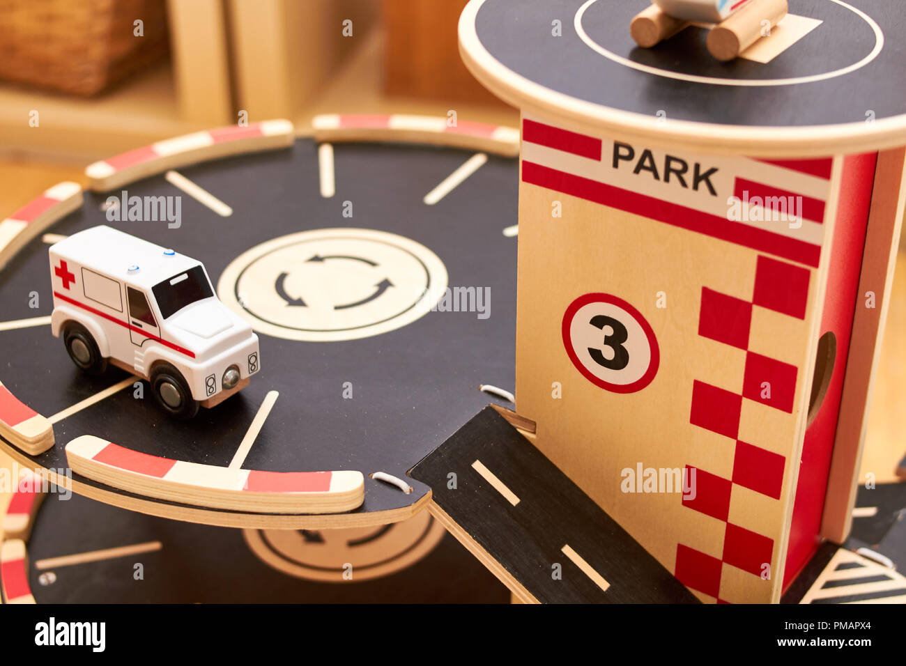 wood cars toy parking garage Stock Photo