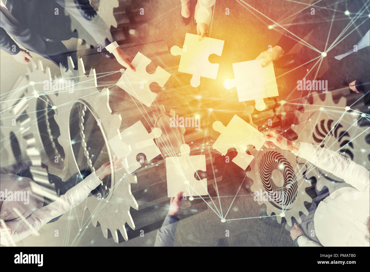 Partner Integration Network Teamwork of partners. Concept of integration and startup with puzzle ...