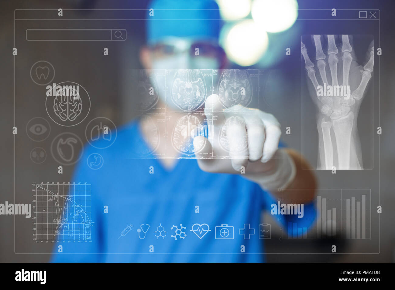 Concept of medicine. Doctor surgeon works on a computer. Flying Icons ...