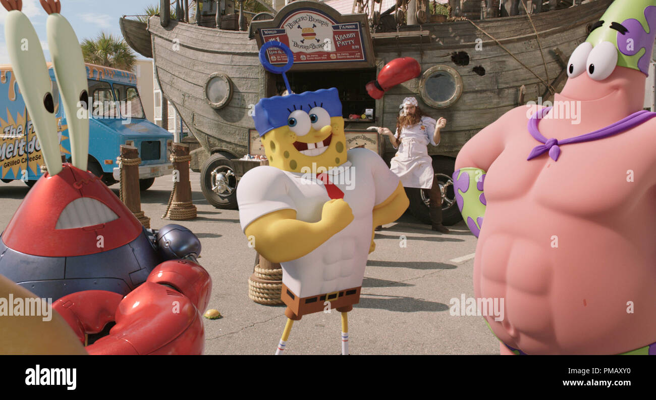 Spongebob Squarepants, Patrick Star, Mr. Krabs, 'The SpongeBob Movie: Sponge Out of Water', 2015 Paramount Pictures Stock Photo