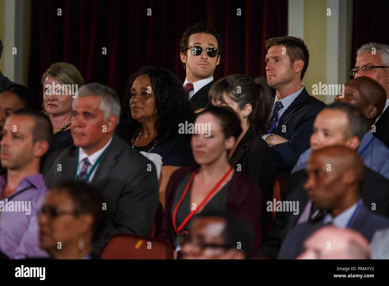 Left to right: Ryan Gosling plays Jared Vennett and Jeffry Griffin plays  Chris in The Big Short from Paramount Pictures and Regency Enterprises  Stock Photo - Alamy