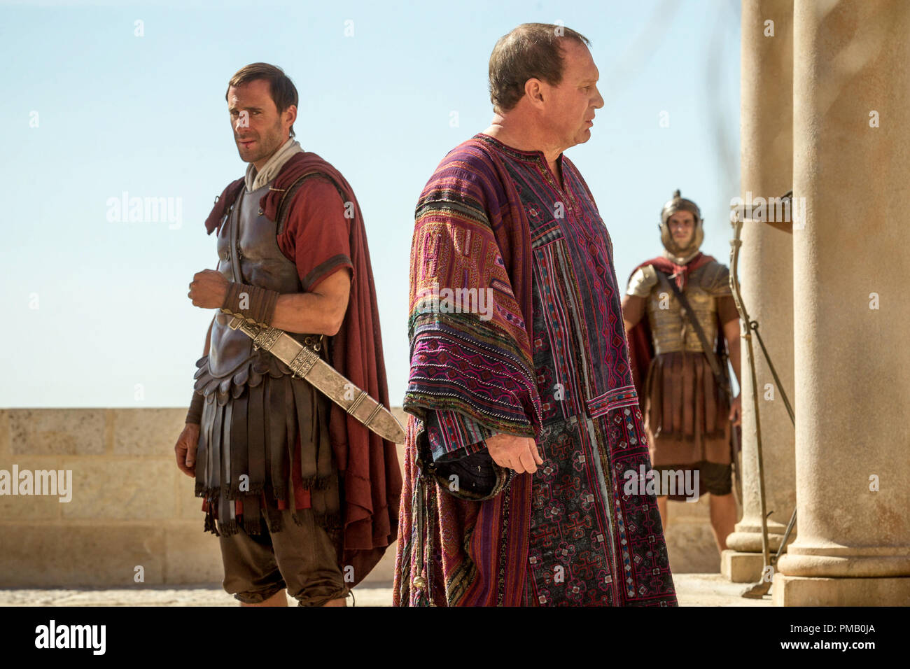 Pilate (Peter Firth) and Clavius (Joseph Fiennes) discuss the failure to discover Jesus's body in Columbia Pictures' RISEN. Stock Photo