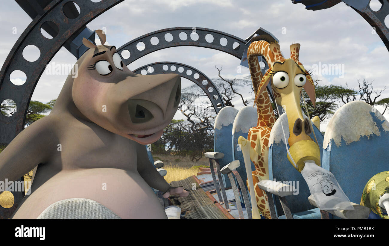 (Left to right)  Gloria the hippo (JADA PINKETT SMITH) tries to comfort Melman the giraffe (DAVID SCHWIMMER) once they realize that they've crash landed on the vast plains of Africa in DreamWorks' “Madagascar: Escape 2 Africa.”   'Madagascar: Escape 2 Africa' (2008) DreamWorks Animation L.L.C Stock Photo