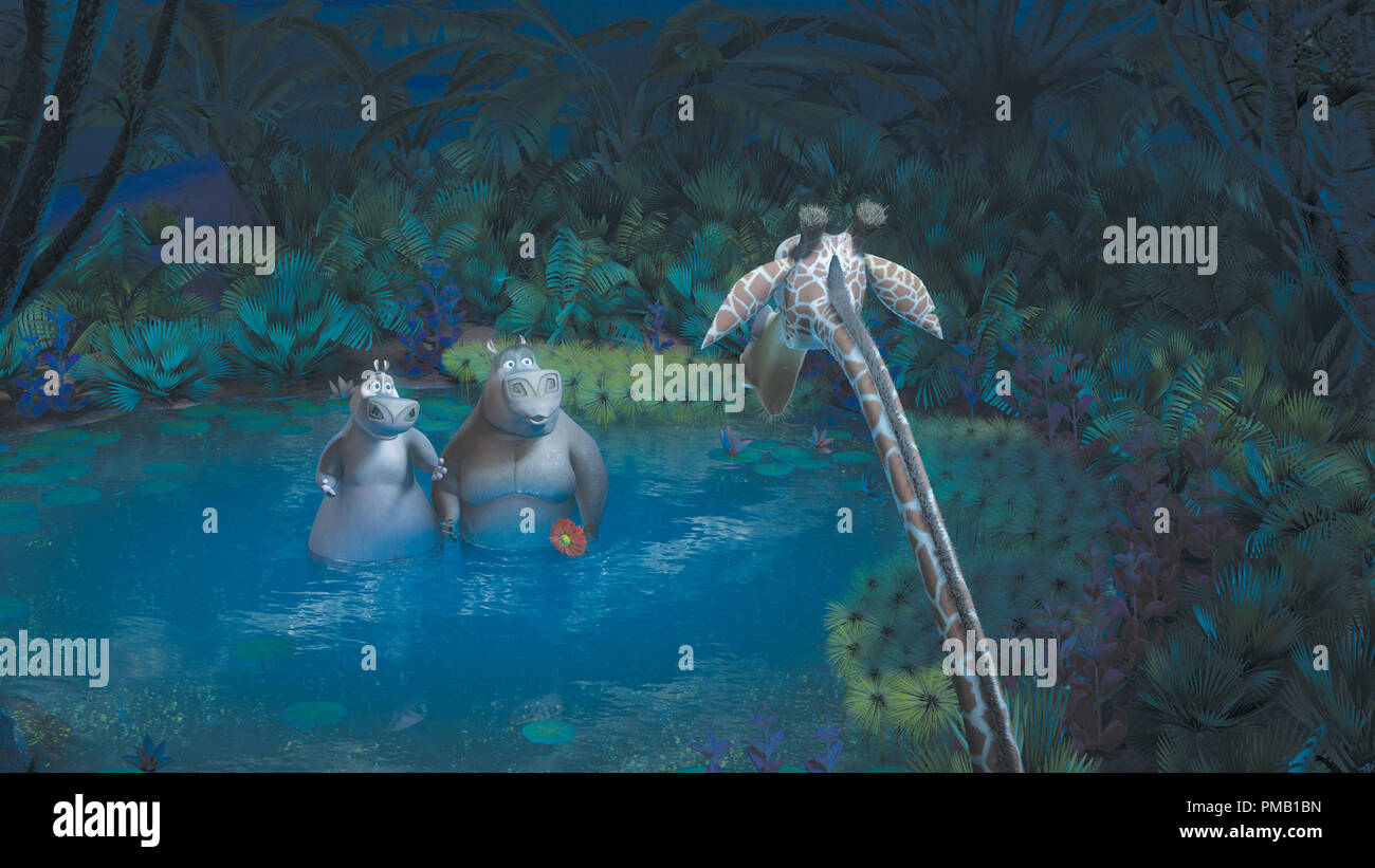 Left to right) A nighttime romantic moment between Gloria the Hippo (JADA  PINKETT SMITH) and watering hole lothario Moto Moto (will.i.am) is  interrupted by Melman (DAVID SCHWIMMER) in DreamWorks' “Madagascar: Escape 2