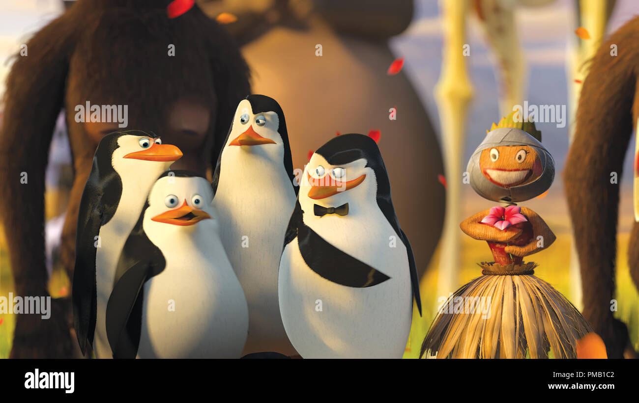 (Left to right) Penguins Rico, Private (CHRISTOPHER KNIGHTS), Kowalski (CHRIS MILLER) and the Skipper (TOM McGRATH)-along with the Skipper’s traveling companion-admire their handiwork in DreamWorks’ “Madagascar: Escape 2 Africa  'Madagascar: Escape 2 Africa' (2008) DreamWorks Animation L.L.C Stock Photo