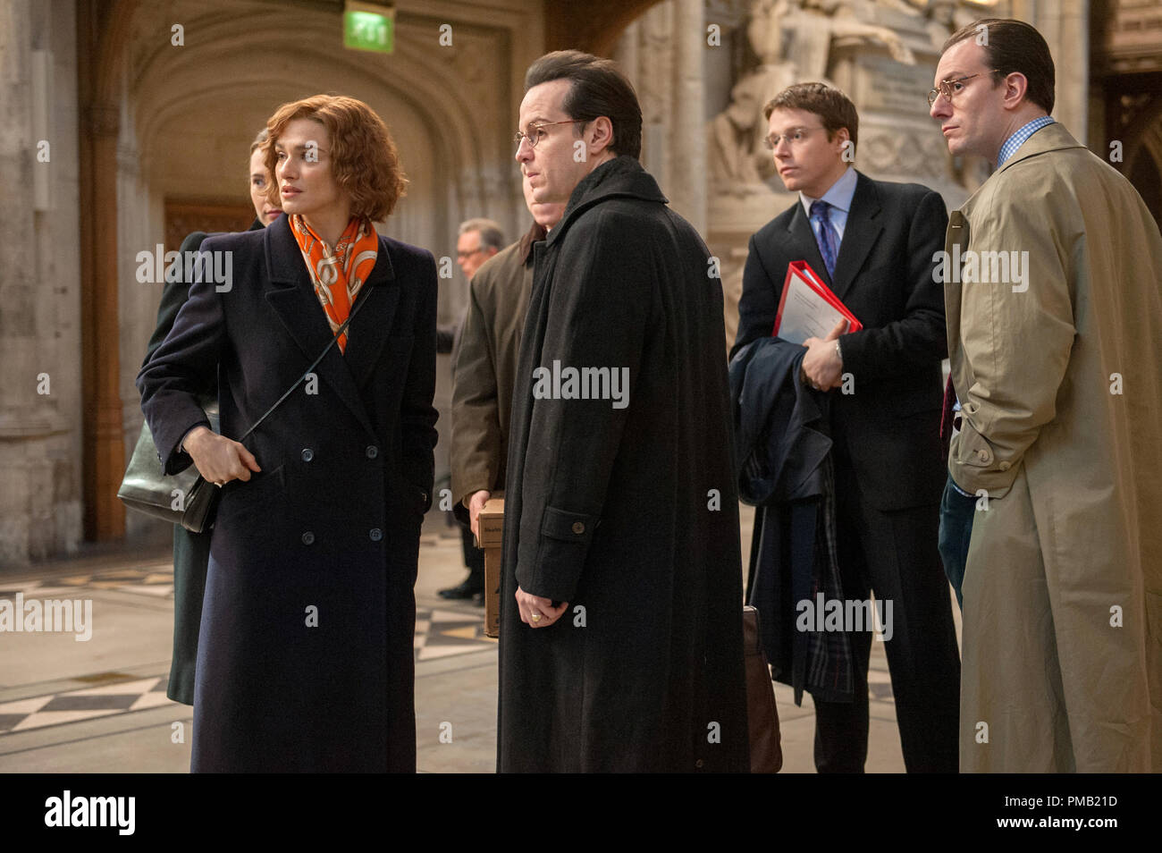 (l to r) Rachel Weisz stars as acclaimed writer and historian Deborah E. Lipstadt, Andrew Scott as Anthony Julius, Jack Lowden as James Lisbon and Pip Carter as Forbes Watson in DENIAL, a Bleecker Street release. Stock Photo
