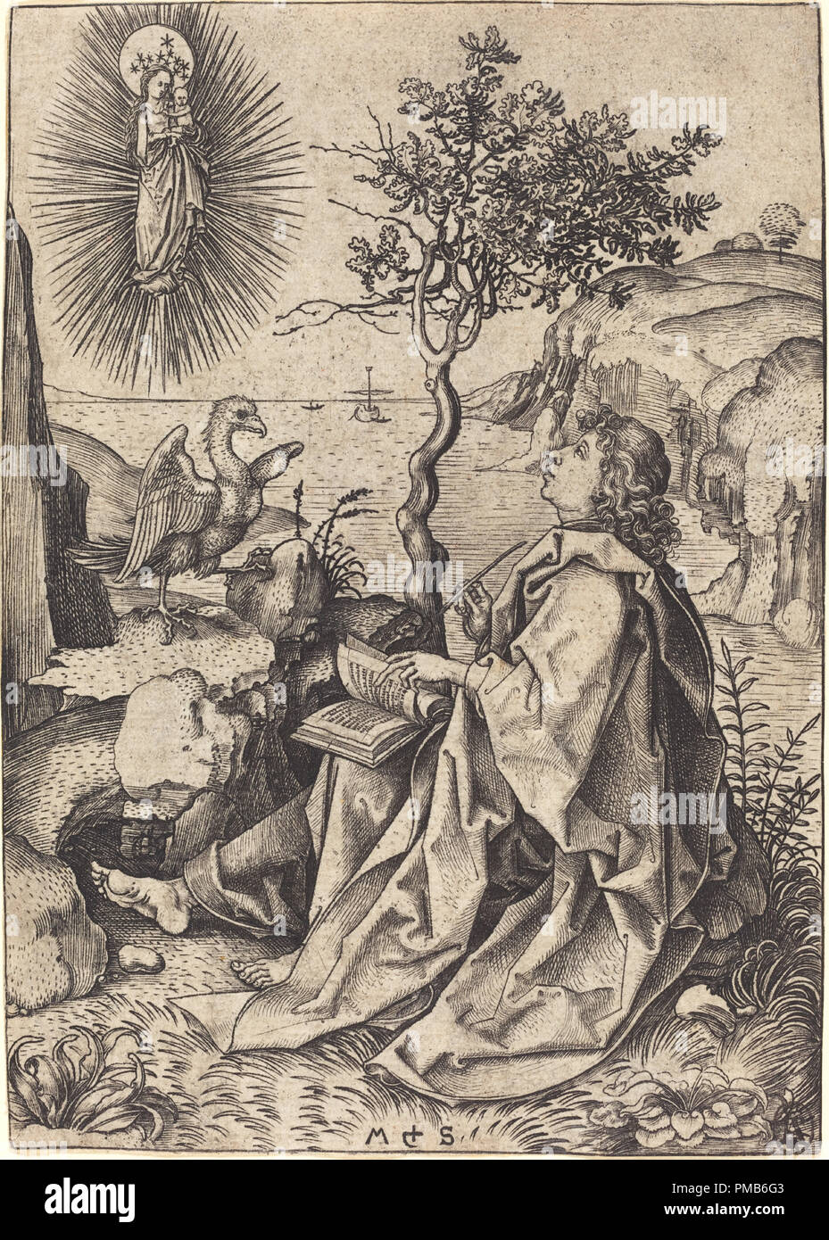 Saint John on Patmos. Dated: c. 1475/1480. Dimensions: sheet (trimmed to plate mark): 16 x 11.3 cm (6 5/16 x 4 7/16 in.). Medium: engraving on laid paper. Museum: National Gallery of Art, Washington DC. Author: Martin Schongauer. Stock Photo