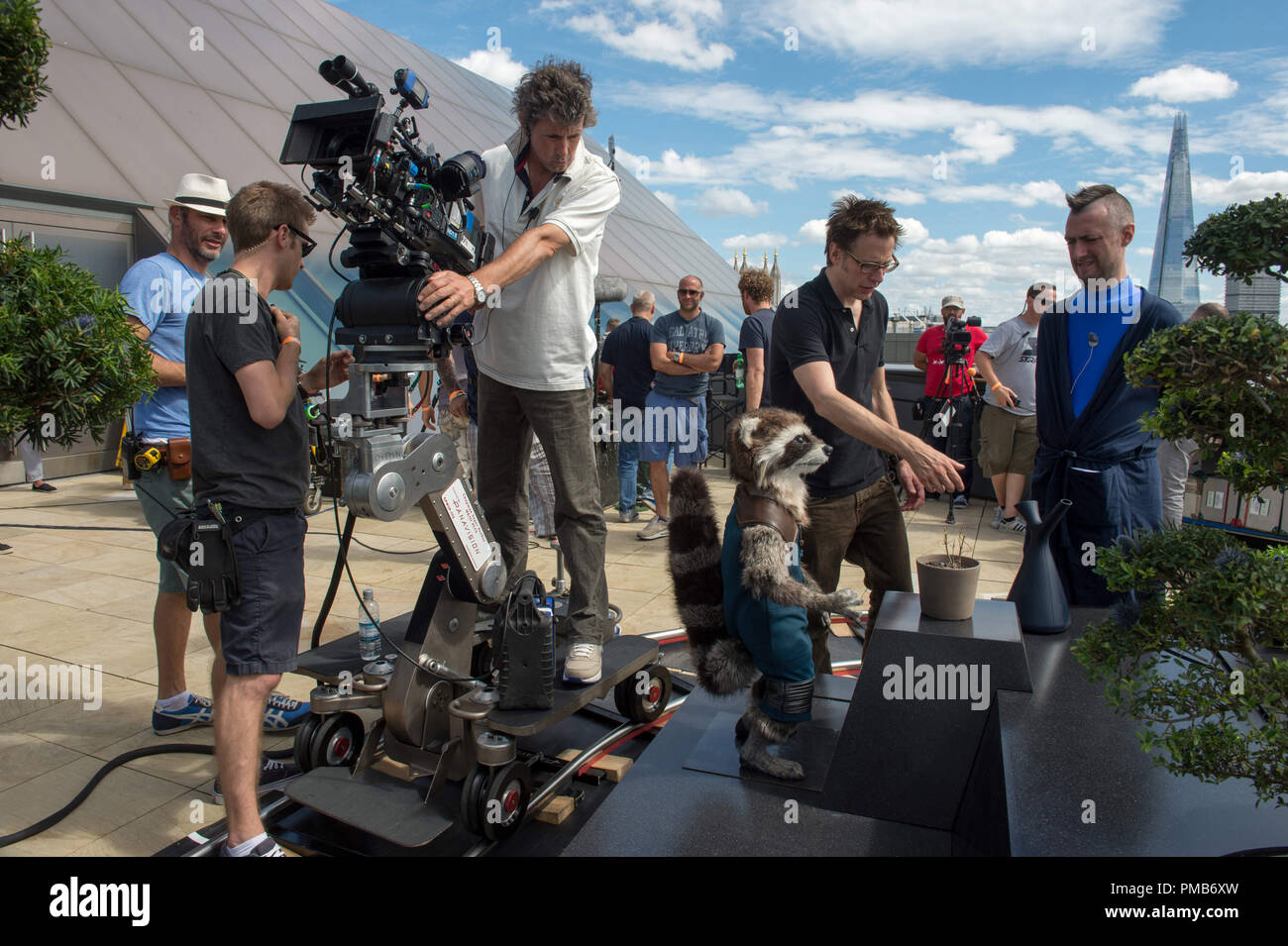 Marvel's Guardians Of The Galaxy..Director James Gunn on set with actor Sean Gunn (Rocket Raccoon performance capture). Stock Photo