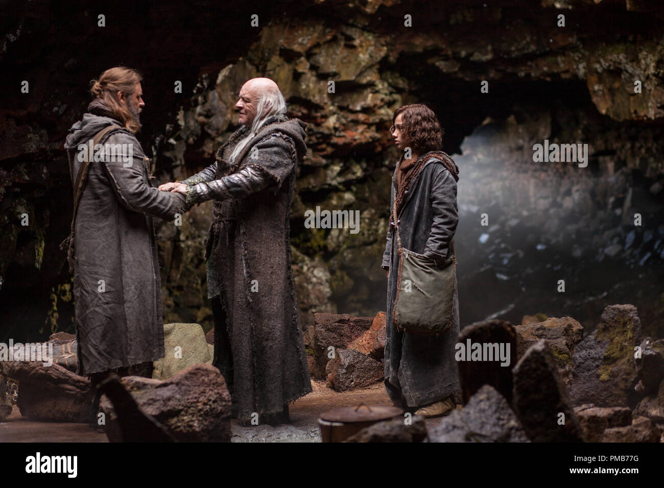 (Left to right) Russell Crowe is Noah, Anthony Hopkins is Methuselah and Gavin Casalegno is Young Shem in NOAH, from Paramount Pictures and Regency Enterprises. N-12020 Stock Photo