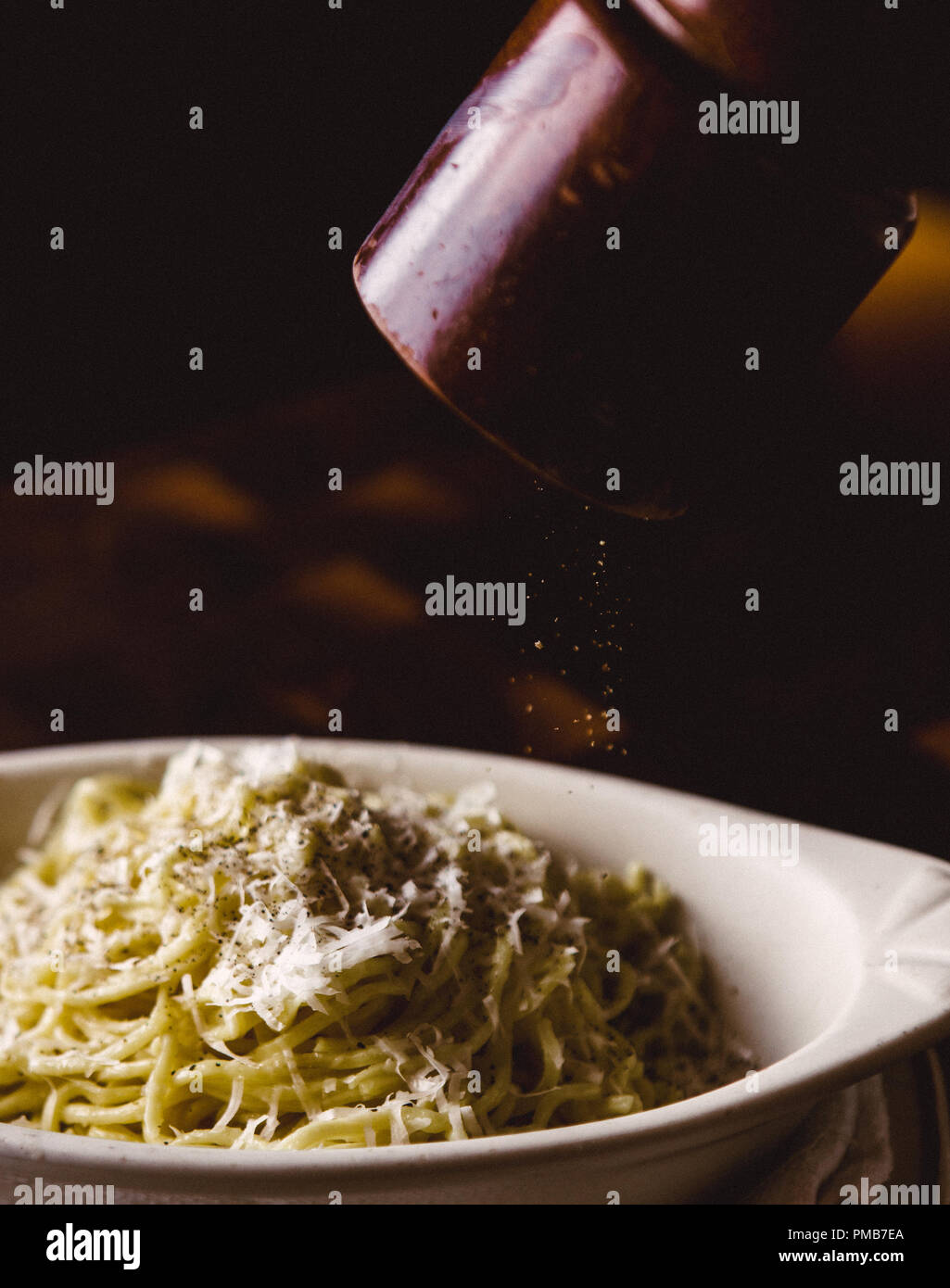 Beautiful side dishes of gnoccis and pasta, and for french American steak house restaurant in Atlanta, in moody and dark upscale restaurant. Stock Photo