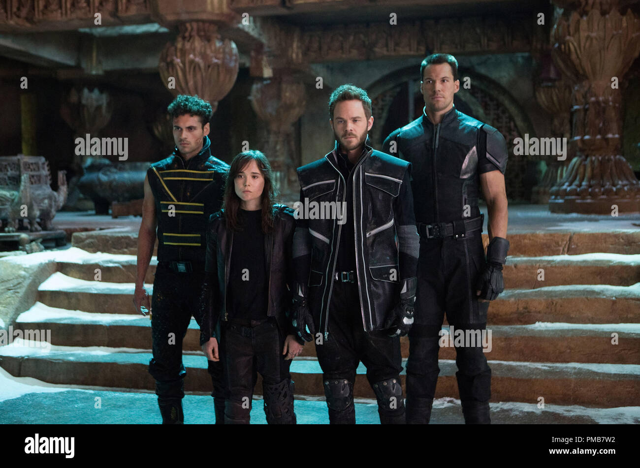 (from left): Sun Spot (Adan Canto), Kitty Pryde (Ellen Page), Iceman (Shawn Ashmore) and Colossus (Daniel Cudmore) prepare for an epic battle to save their kind in 'X-Men: Days of Future Past' (2014) Stock Photo