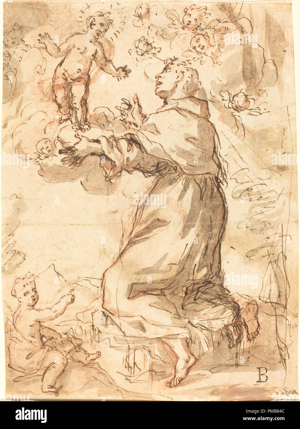 The Christ Child Appearing to Saint Francis. Dimensions: sheet: 17.9 x 13 cm (7 1/16 x 5 1/8 in.). Medium: pen and brown ink with gray-brown wash over red chalk on laid paper. Museum: National Gallery of Art, Washington DC. Author: Venetian 17th Century. Stock Photo