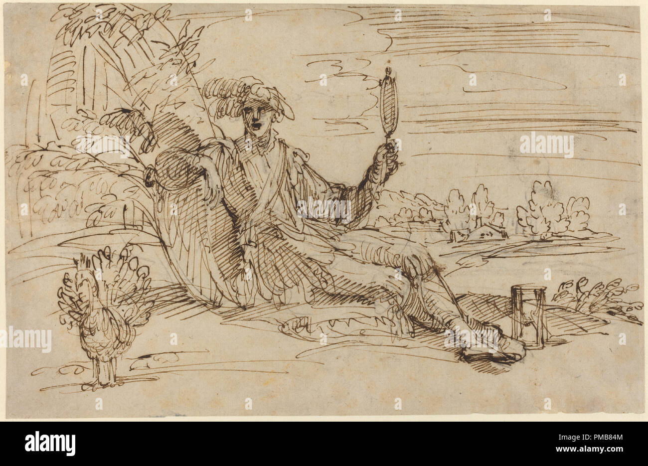 An Elegant Young Man Personifying Vanity. Dimensions: overall: 19.5 x 29.9 cm (7 11/16 x 11 3/4 in.). Medium: pen and brown ink over black chalk on laid paper. Museum: National Gallery of Art, Washington DC. Author: Francesco Brizio. Stock Photo