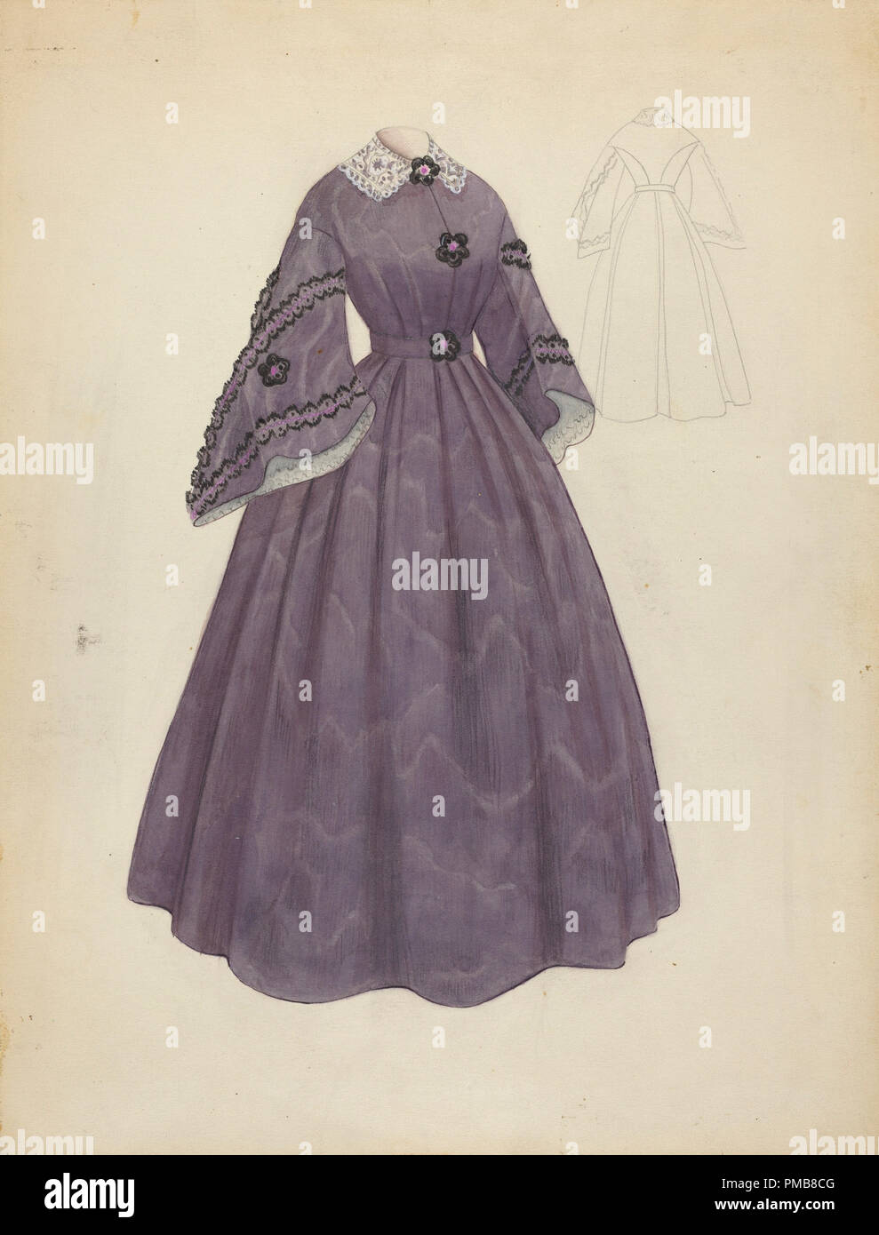 Dress. Dated: c. 1940. Dimensions: overall: 29.9 x 23 cm (11 3/4 x 9 1/16 in.)  Original IAD Object: 59 1/2' long. Medium: watercolor and graphite on paperboard. Museum: National Gallery of Art, Washington DC. Author: Jessie M. Benge. Stock Photo